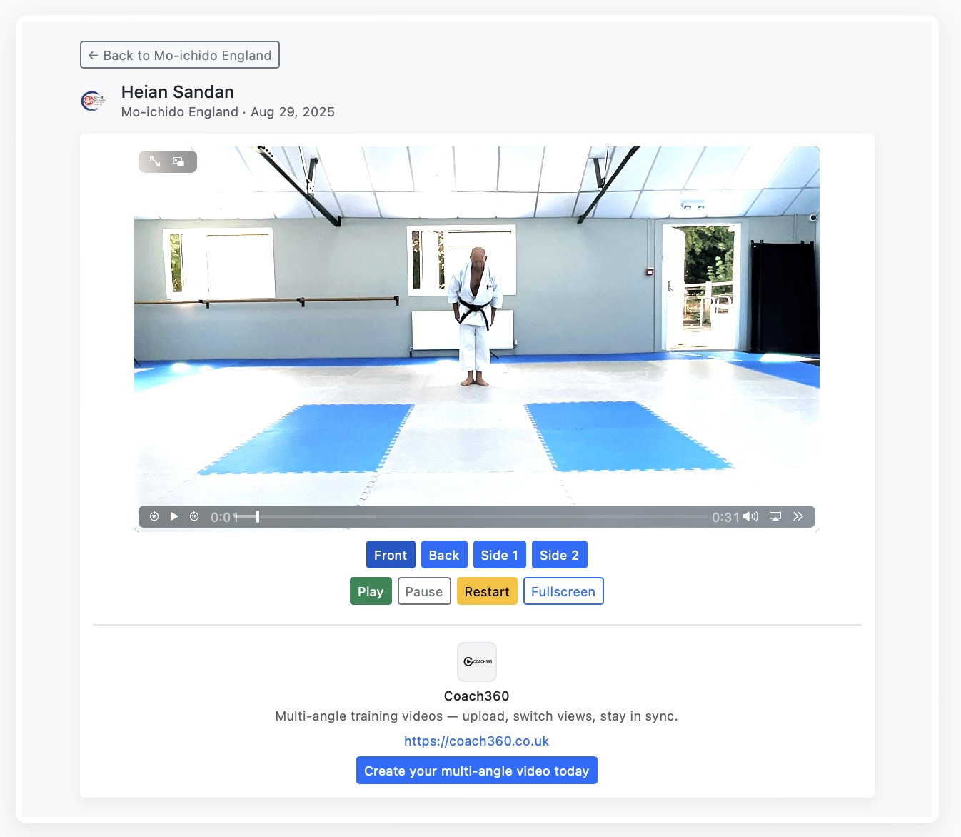 Multi-angle martial arts demo embedded on a website
